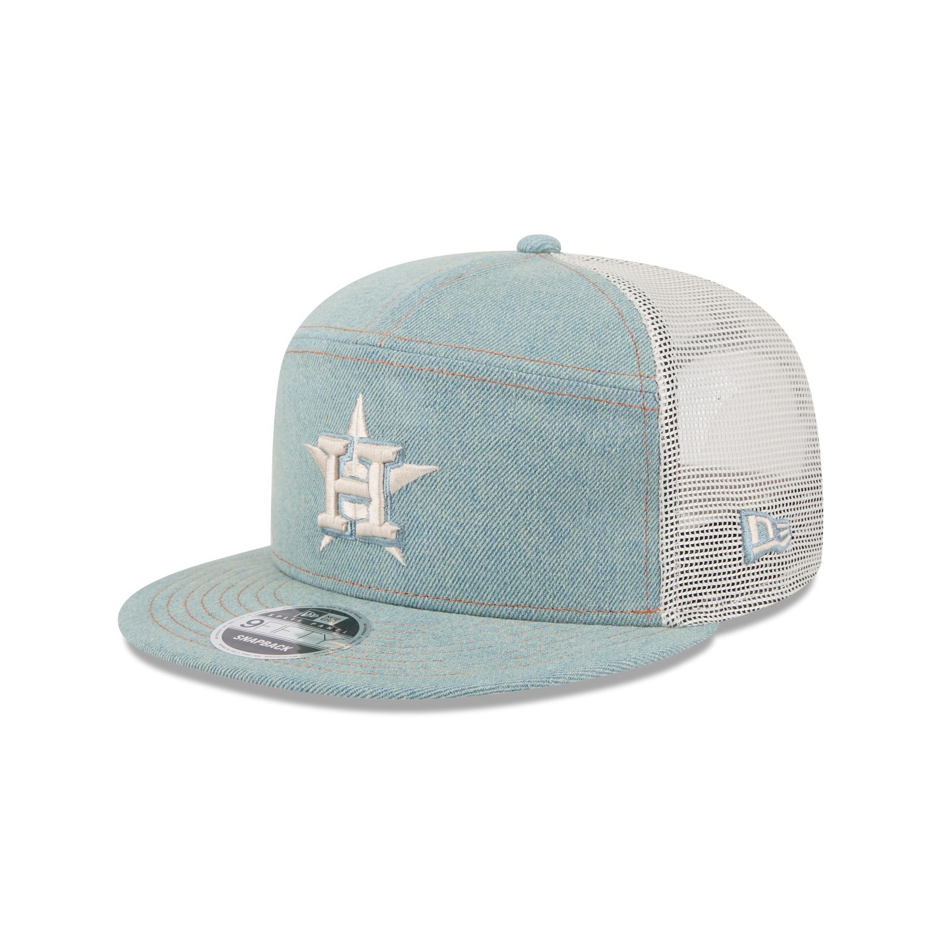 60612504_9FIFTY_950SPDENIM22958_HOUAST_3QL Houston Astros Denim Split Panel 9FIFTY Trucker Hat