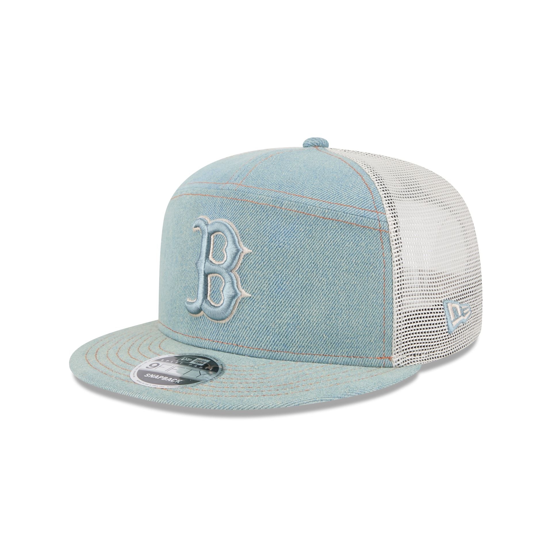 60612514_9FIFTY_950SPDENIM22958_BOSRED_STN_3QL Boston Red Sox Denim Split Panel 9FIFTY Trucker Hat