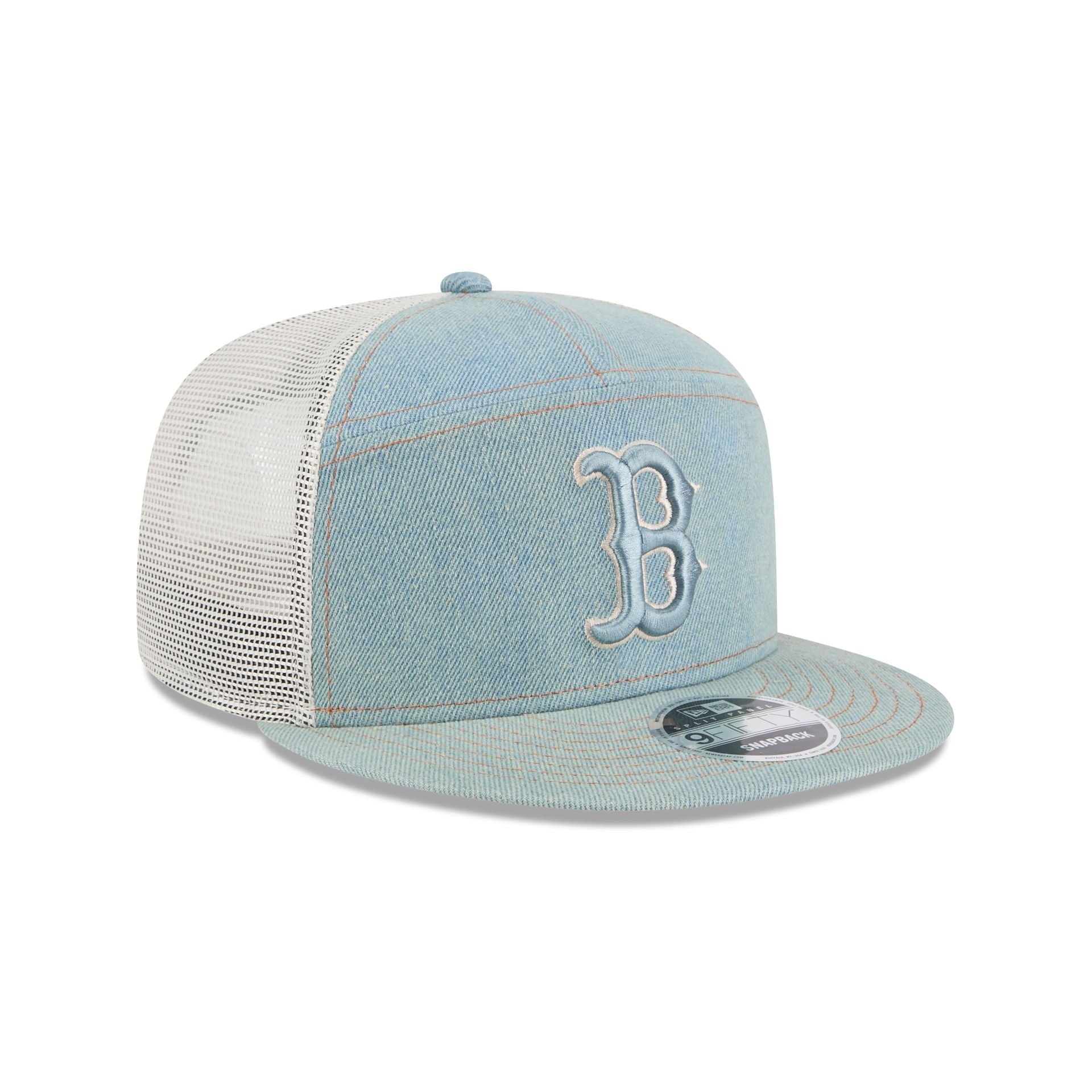 60612514_9FIFTY_950SPDENIM22958_BOSRED_STN_3QR Boston Red Sox Denim Split Panel 9FIFTY Trucker Hat - Image 3