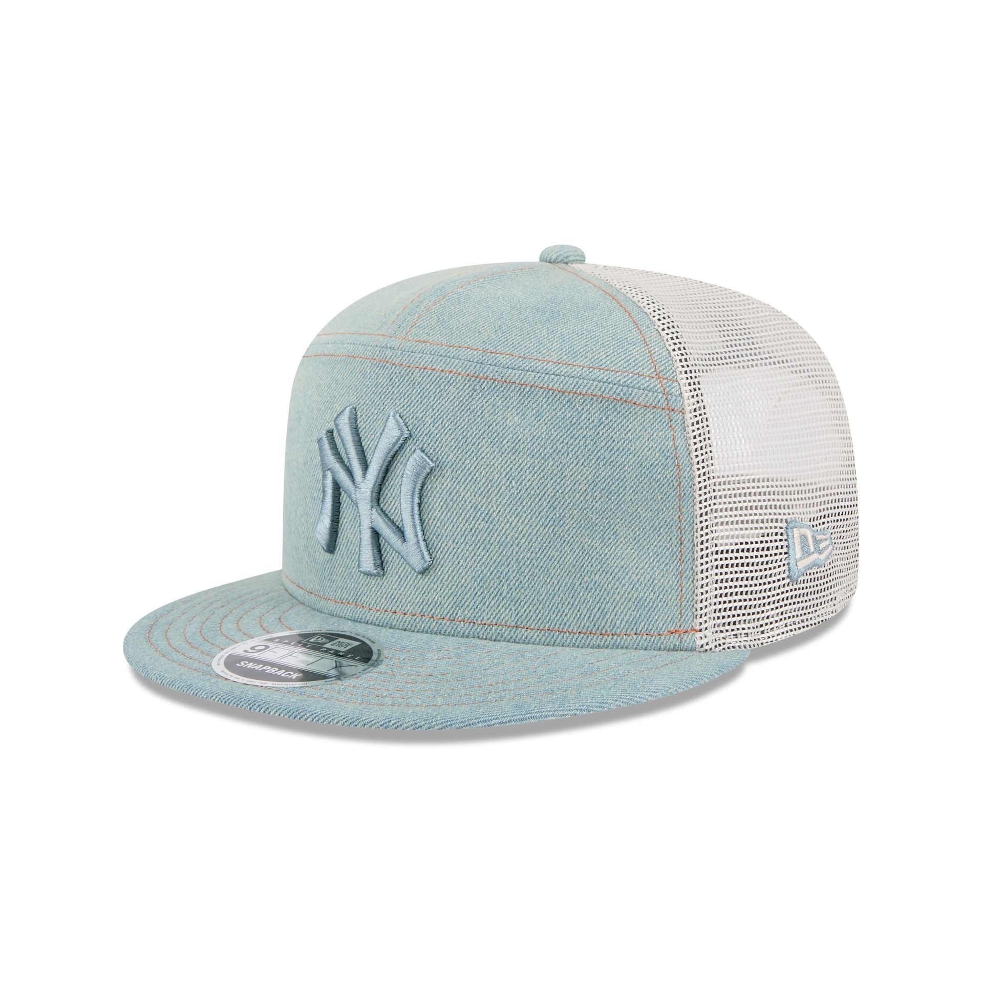 60612528_9FIFTY_950SPDENIM22958_NEYYAN_STN_3QL New York Yankees Denim Split Panel 9FIFTY Trucker Hat