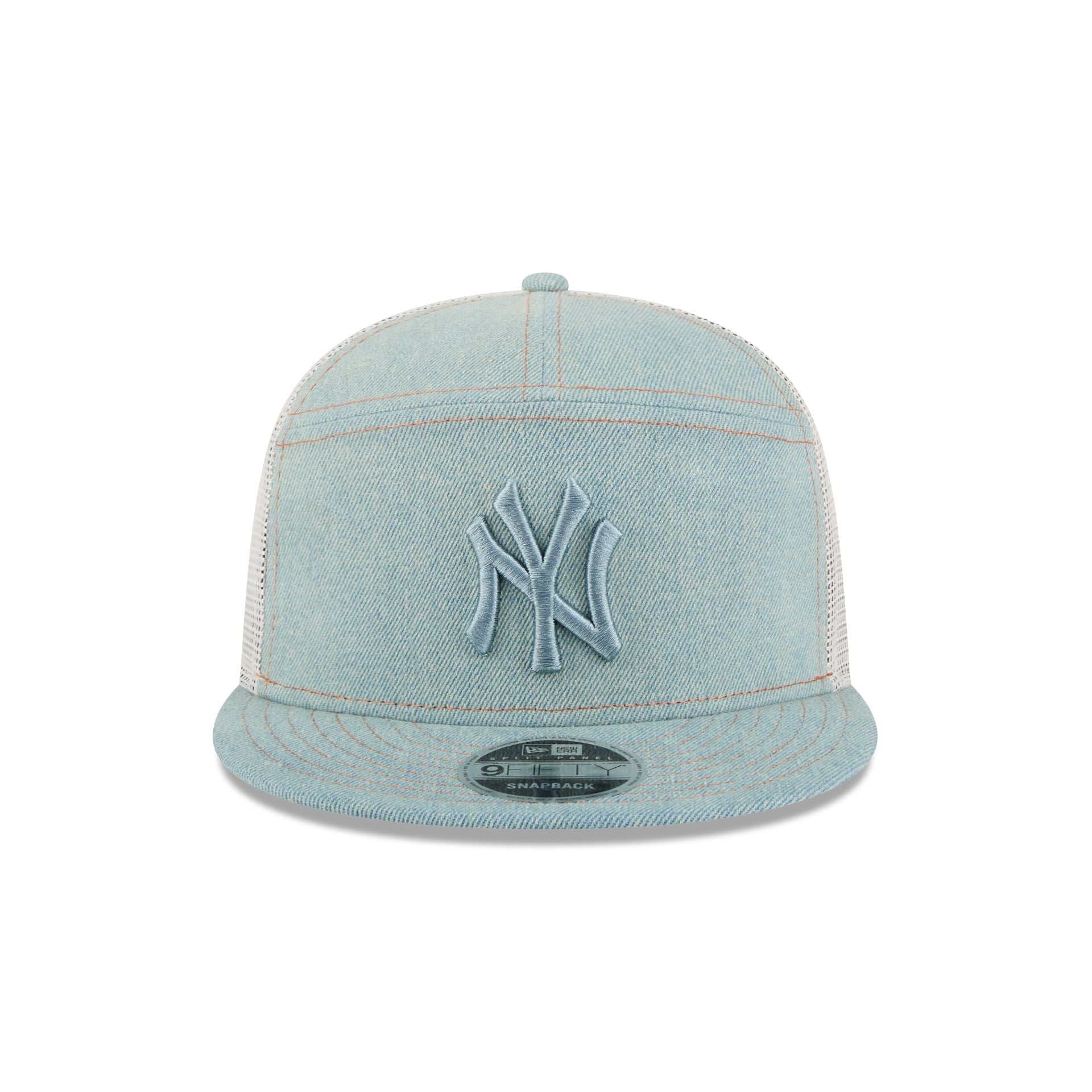 60612528_9FIFTY_950SPDENIM22958_NEYYAN_STN_F New York Yankees Denim Split Panel 9FIFTY Trucker Hat - Image 2